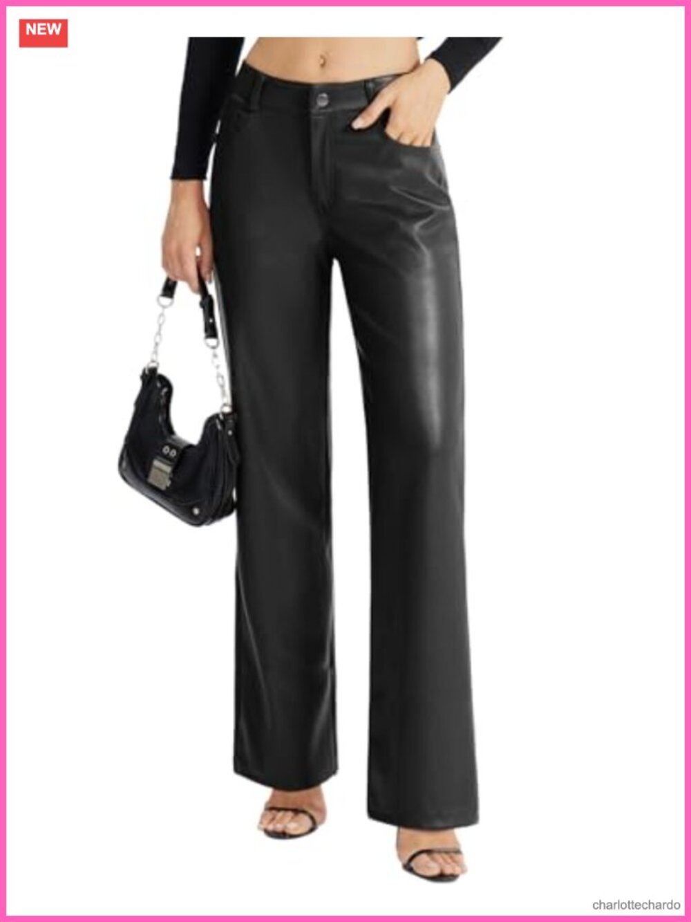 Faux Leather Straight Leg Pants Button Front Pockets Casual